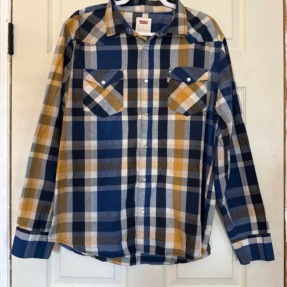 Levi's Men's Navy and Mustard Plaid Shirt